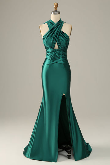 Abito da ballo a sirena con spacchi verde scuro Halter Lace Up con spacco